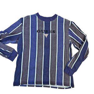 Retro Mens Guess Shirt Striped Faded Spellout Longsleeve Sz‎ S M Blue Gray
